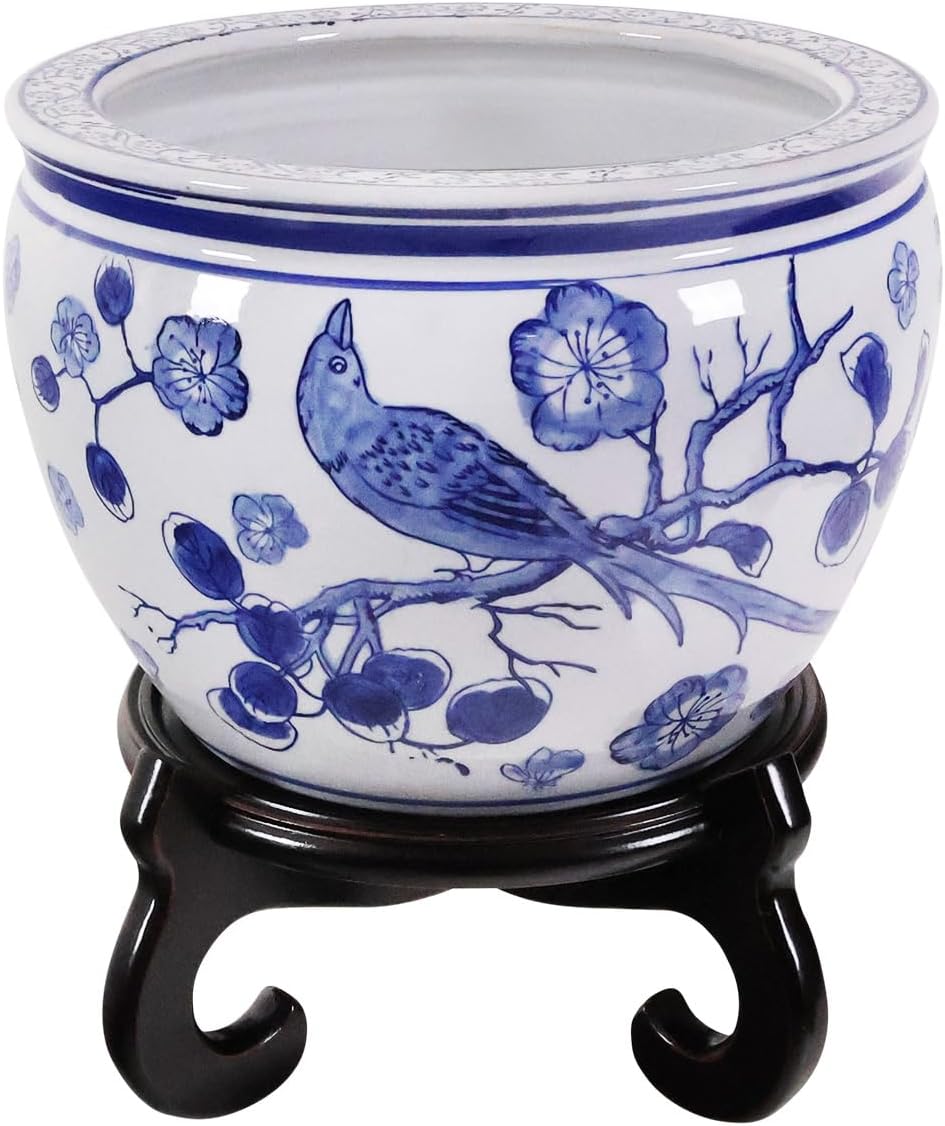 Garden Planter Blue and White Chinese Porcelain with Bird and Flower 12" Wide