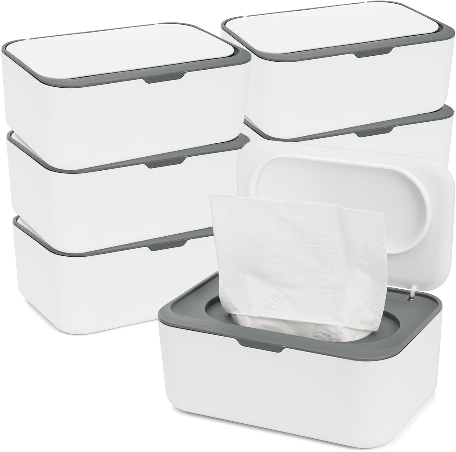Hiceeden 6 Pcs Baby Wipes Dispenser, Easy Pull Wipe Holder with Concave Surface Lid, Non-slip Wipe Cases Containers with Sealing Design for Bathroom, Baby Nursery, Grey
