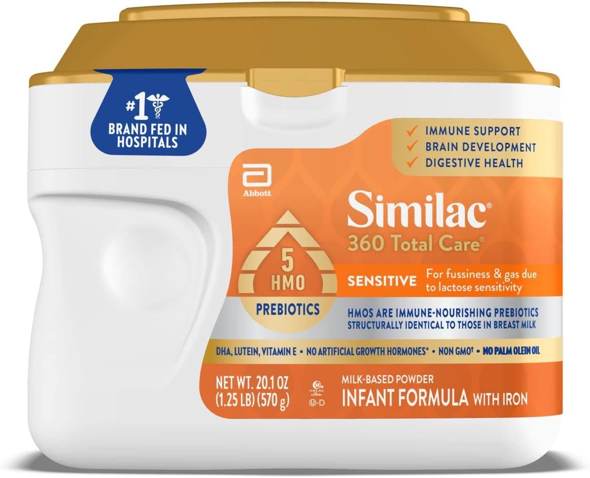 360 Total Care Sensitive Infant Formula for Fussiness & Gas Due to Lactose Sensitivity, Has 5 HMO Prebiotics, Baby Formula Powder, 20.1-oz Tub