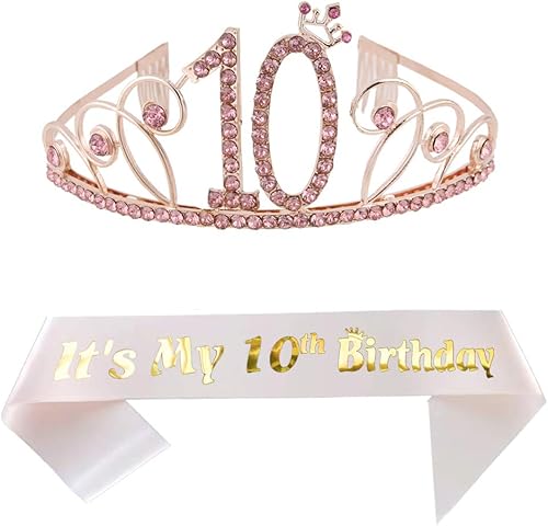 Juego de tiara y banda para cumpleaños número 10, perfecto para niñas de 10 años, tiara y banda de diamantes de imitación rosados, suministros para