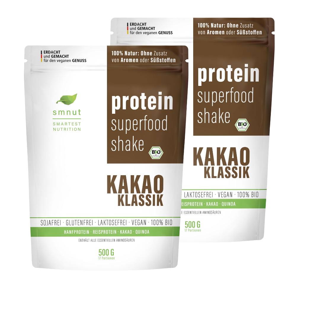 smnut protein superfood shake KAKAO KLASSIK | Bio Veganes Premium Proteinpulver | 100% Natur: Ohne Zusatz von Aromen oder Süßstoffen | Laktose- und Glutenfrei | 1000 g