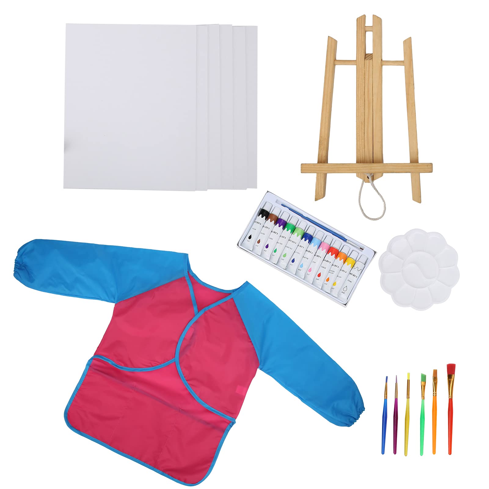 Juego de pintura acrílica para niños, kit de pintura artística para niños con caballete de madera, 12 colores vibrantes, 6 pinceles, bata, caballete de mesa portátil para el hogar (Rosa roja)