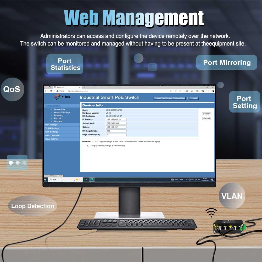Industrial Managed 5-Port PoE Ethernet Switch, Mini Gigabit Netzwerk-Switch mit Web-Management, DIN-Schienen-kompatibel