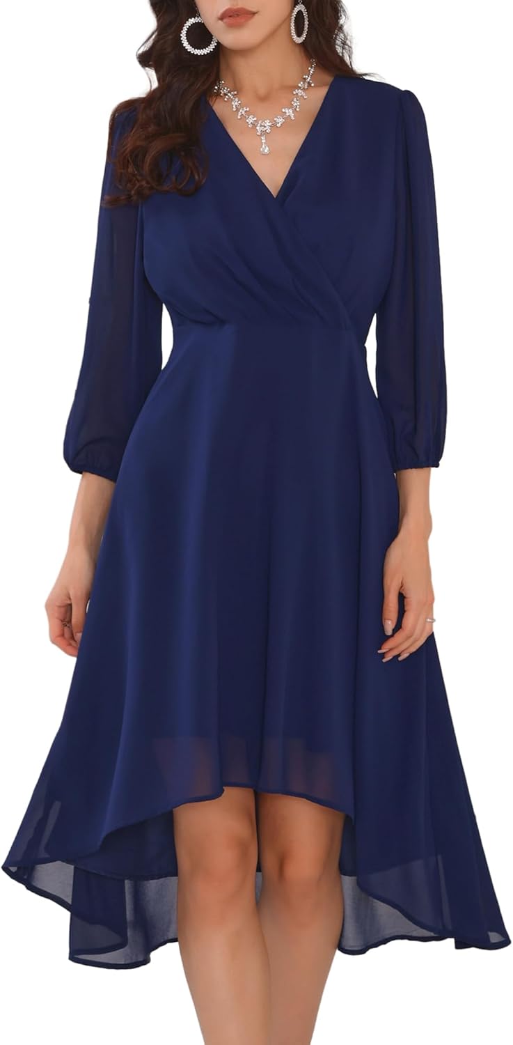 Women's Formal Prom Chiffon Dress Asymmetrical Hem Wedding Guest Wrap Cocktail Midi Dresses