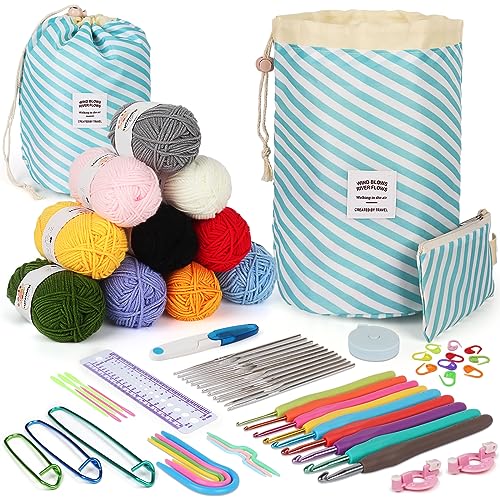 Aeeque 64 pcs Kit Crochet Debutant Complet Arthrite, 10 Pelote De Laine pour Crochet, 12 pcs 0,6-1,9mm Aiguille a crochet pour Dentelle, 9 pcs 2,0-6,0mm TPR Aiguilles à Crochet Ergonomique(Sac Bleu)