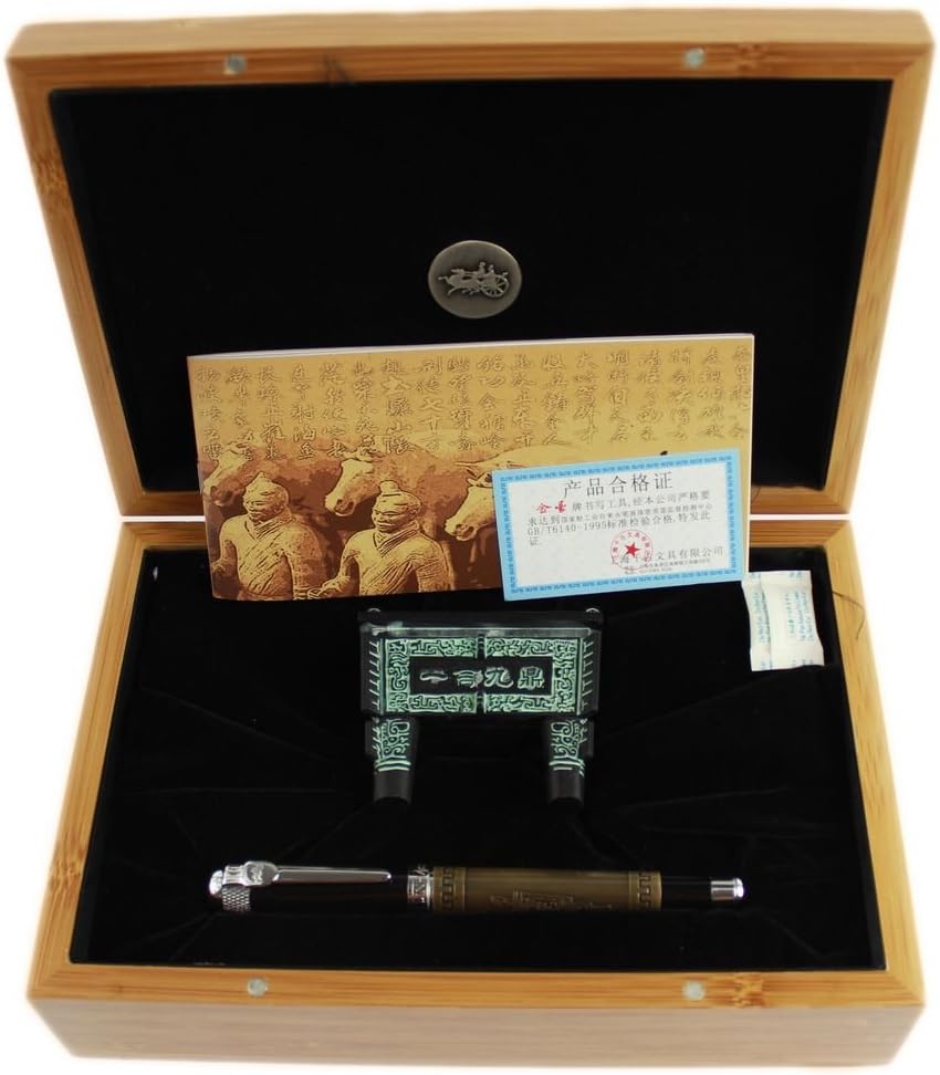 Gullor Deluxe Jinhao Fountain Pen Bronze 3D Carved with Nice Bamboo Gift Box and Black Metal Tripod