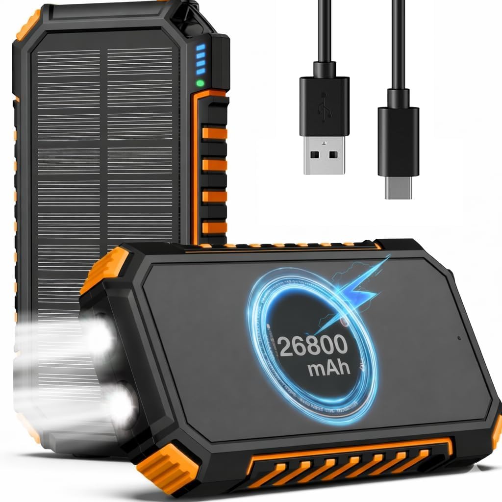Power Bank Solare 26800mAh PD 15W – 3 Uscite USB, LED, Resistente Per Outdoor, Campeggio E Emergenze – Nero