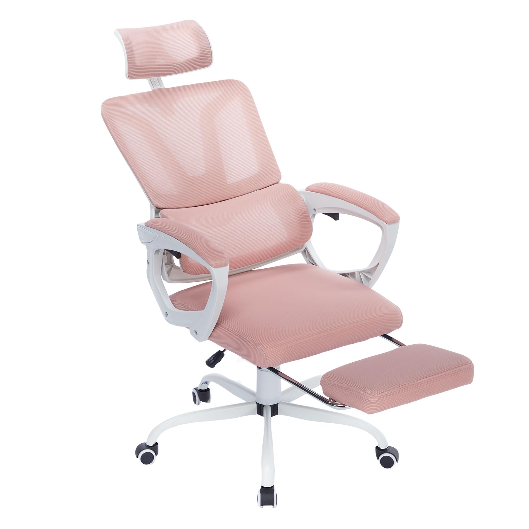 SUBTLETY Silla de oficina ergonómica para ordenador con reposacabezas ajustable, respaldo de malla, reposabrazos, reposapiés y ruedas de goma, función basculante hasta 135° (rosa)