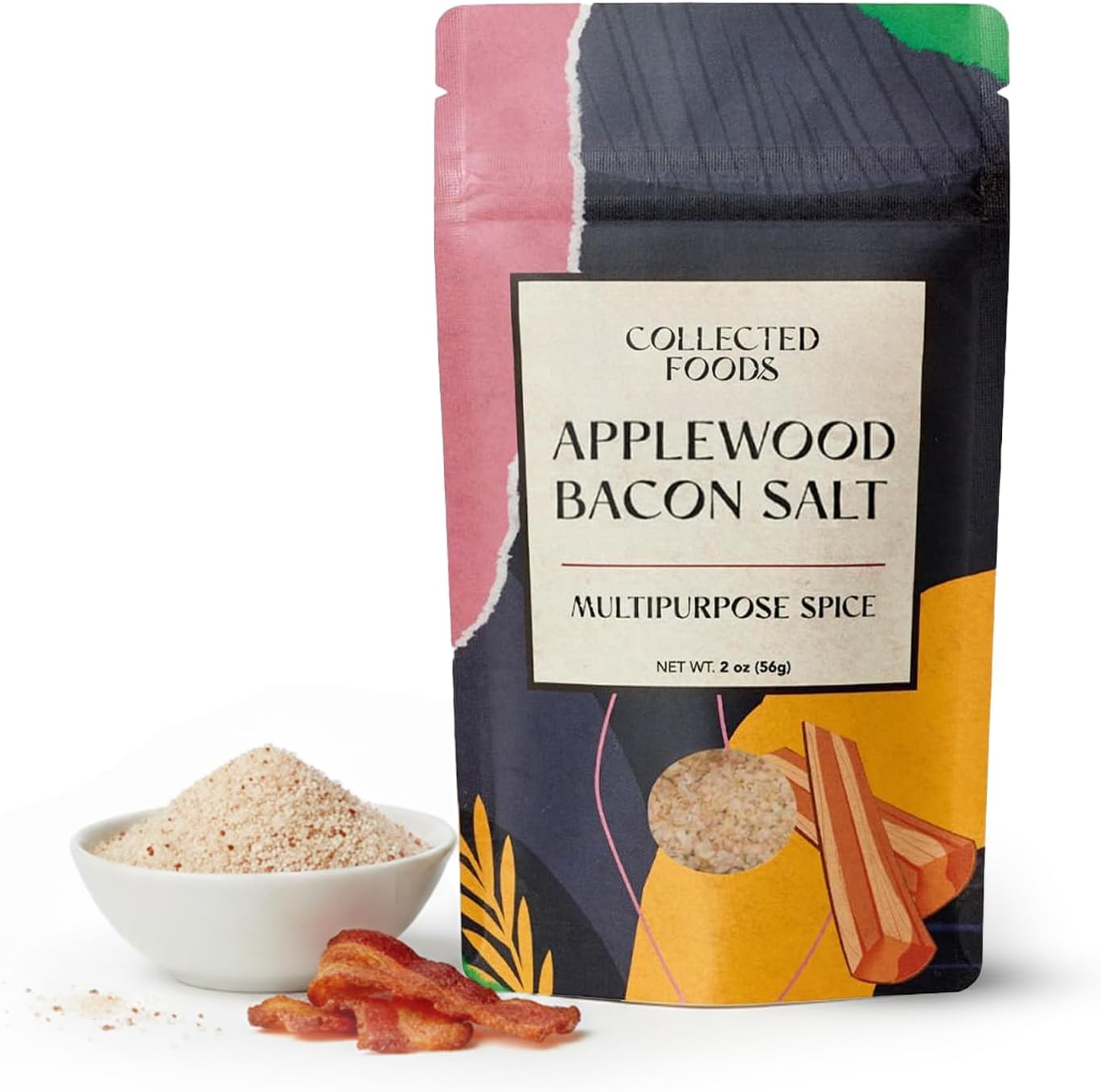 Collected Foods Premium Applewood Smoked Bacon Salt Seasoning – All-Natural, Gluten-Free, Non-GMO, Flavored Salt for Chicken, Steak, Eggs, Vegetables, Soups & More – 2oz