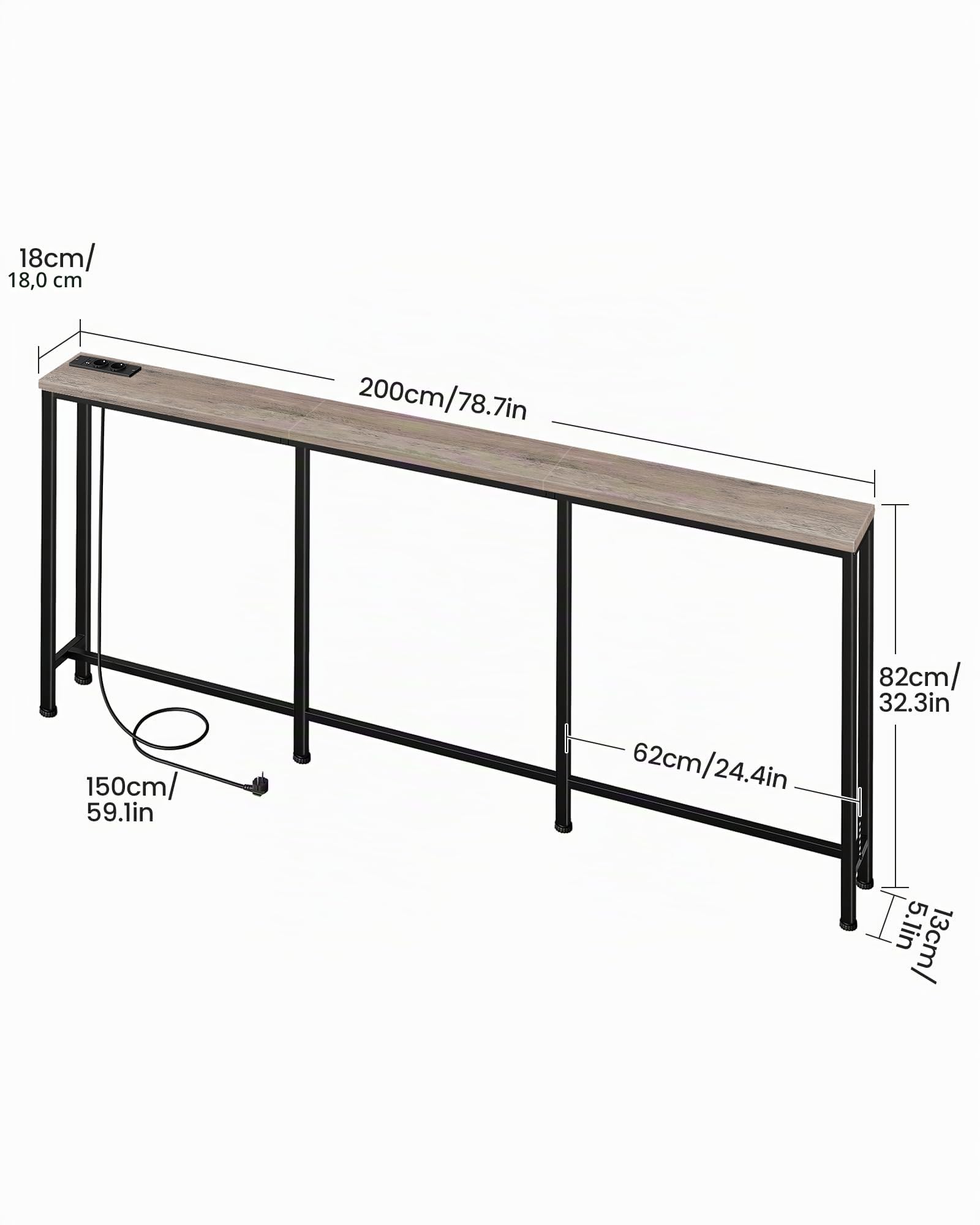 CHOEZON Tavolo Consolle, Consolle Ingresso da 200 cm con 2 Prese e 2 Porte USB, Tavolo da Divano Stretto, Stile Industriale, per Ingresso, Soggiorno, in Grigio e Nero DTXG20CBG
