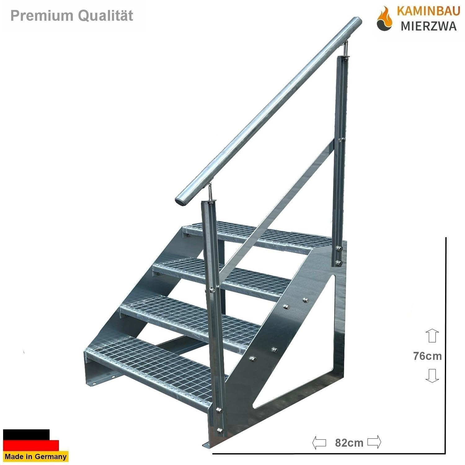 Premium Treppe Freistehend 4 Stufen Geländer Rechts (Breite 600 mm) (Höhe 76cm) Wetterfest Gitterroststufe Gartentreppe