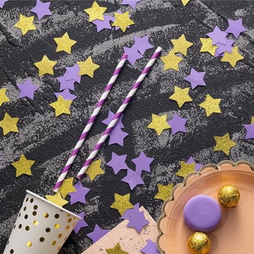 Image of MOWO Gold and Purple Star Confetti Table Decoration, 1.2'', 200pc | Graduation Birthday Retirement Wedding Pride Theme Party, eid