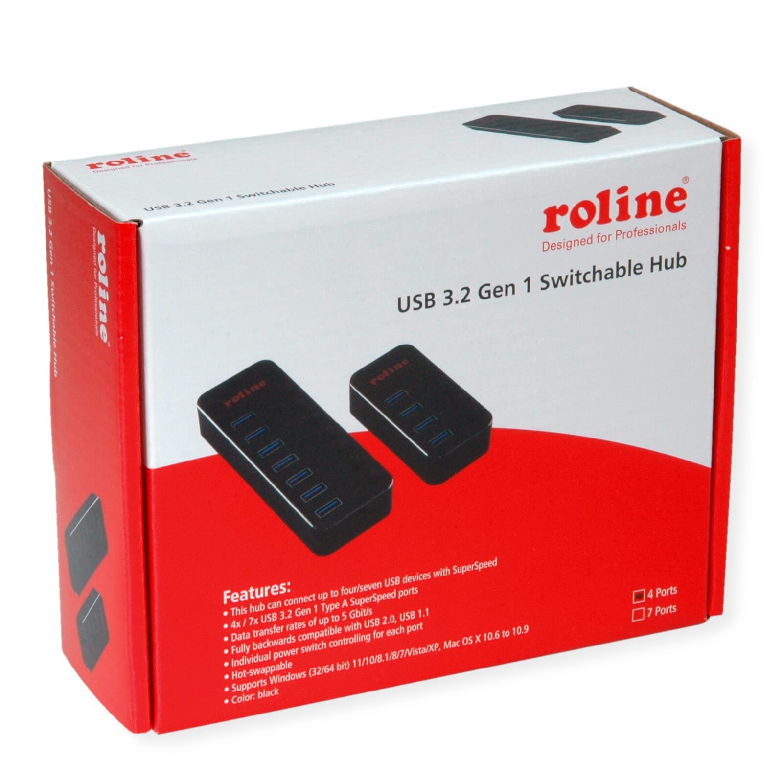 ROLINE Hub USB 3.2 Gen 1 do notebooka, 4 porty, pojedynczo włączany, czarny