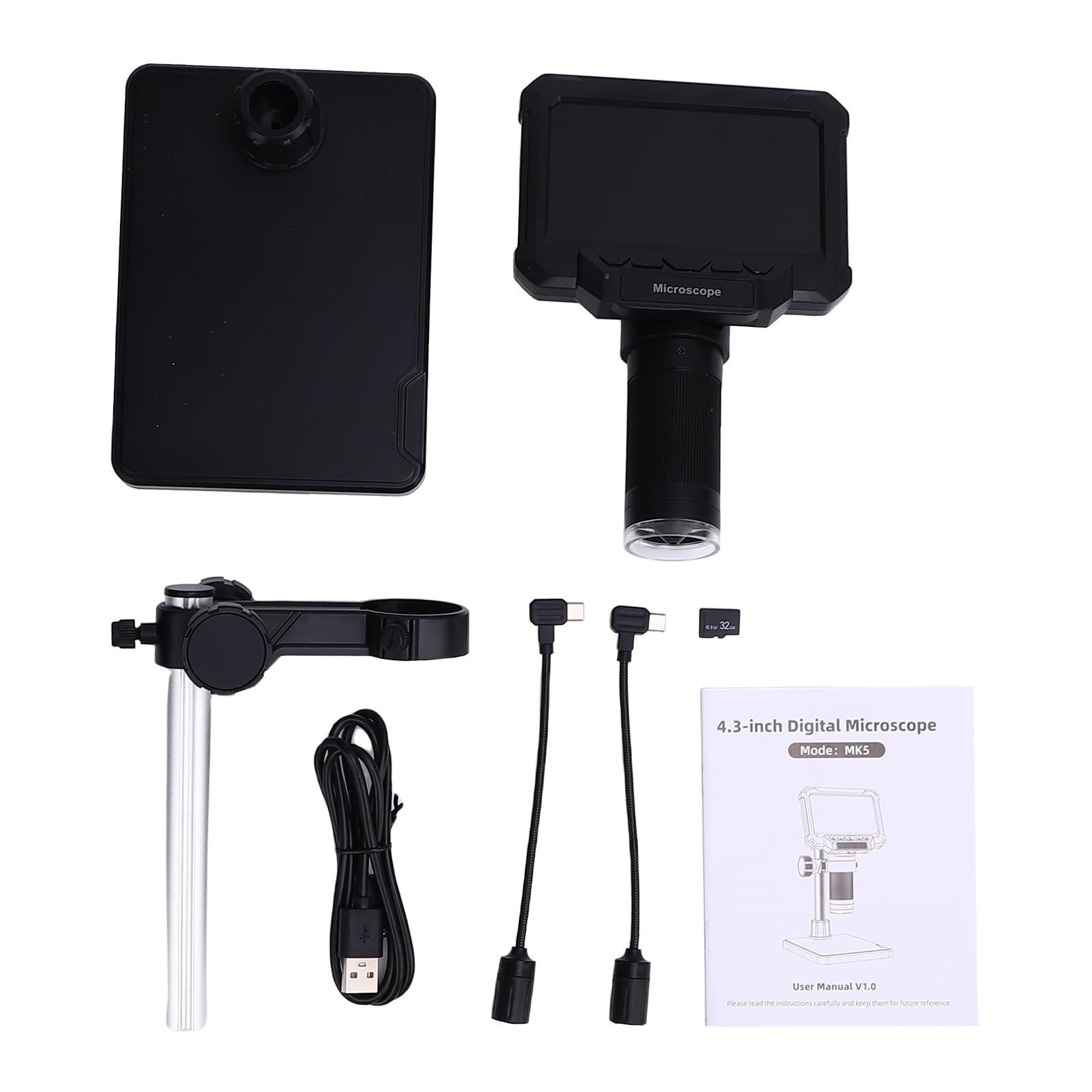 Hyuduo 4,3-Zoll-Digitalmikroskop LCD-Münzmikroskop 1000X 1080P mit 10MP-Kamera 32GB TF-Karte 8 LED Plus 2 Seitenlichter für Münzen Schmuck Löten PCB Erwachsene
