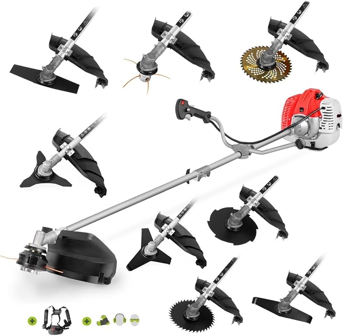 GREENCUT GGT650X-9 - Desbrozadora de Gasolina 65cc 4,9CV, Motor 2 Tiempos, 9 Accesorios para Cortar Hierba, Maleza, Arbustos y Ramas, Arnés, Barra Divisible, Herramienta 9 en 1