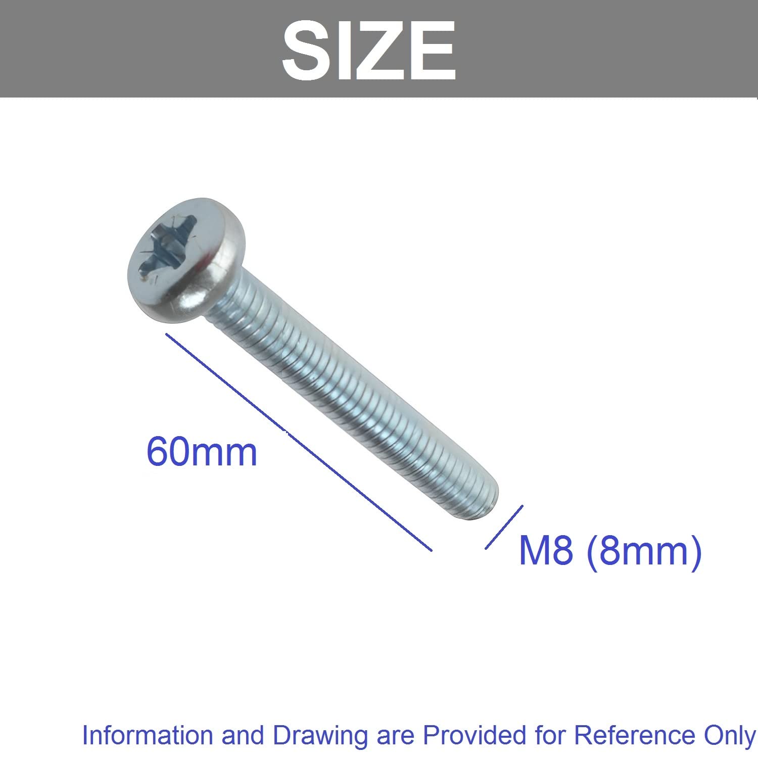 TERF® M8 X 60mm Pozi Pan Head Machine Screws Stainless Steel A2 (304) Machine Screw M8 (8mm) X 60mm Pozi Drive Pan Head Machine Screw Bolts - Image 3