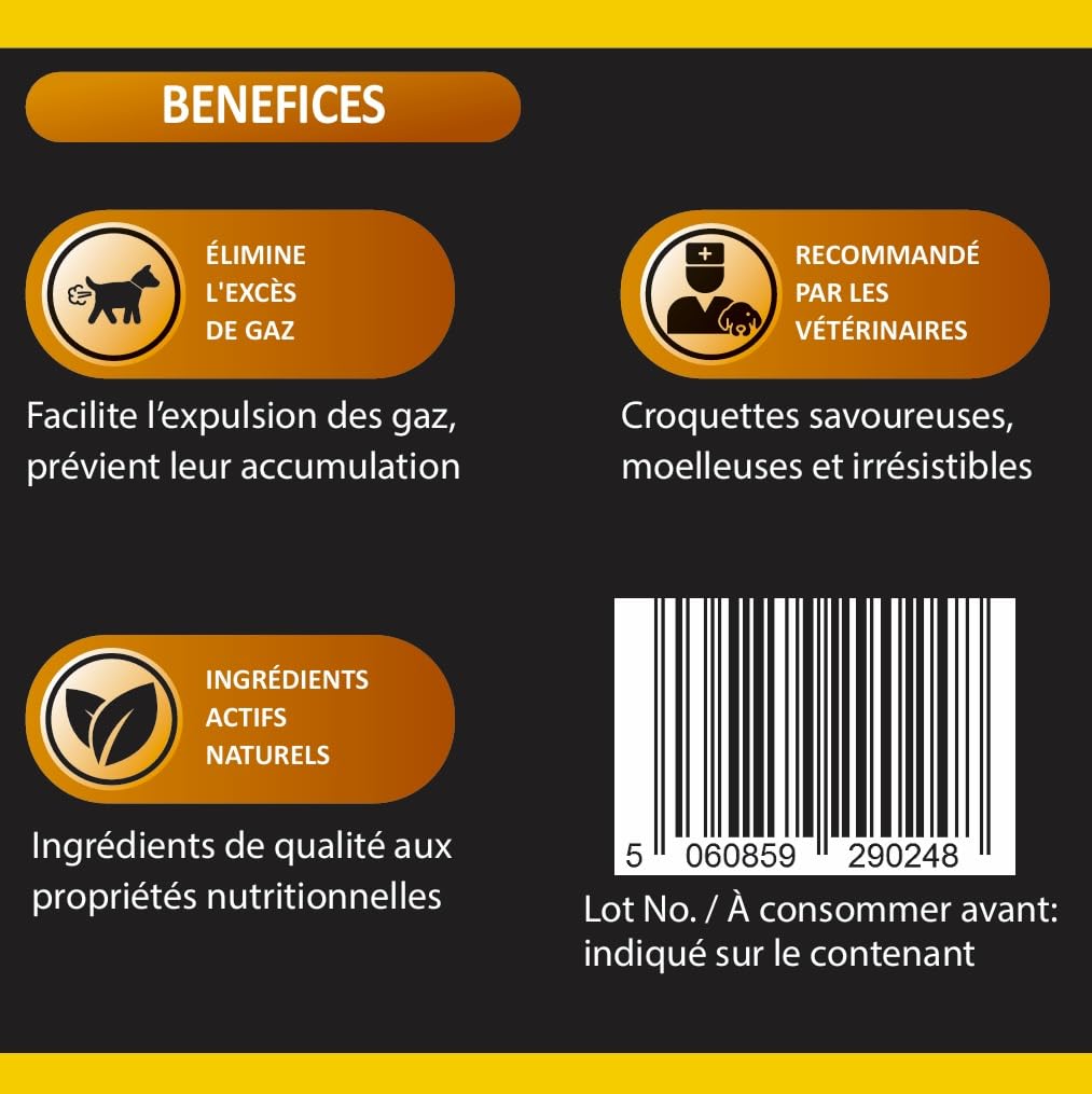 Traitement Anti Flatulence Chien - complément Alimentaire Chien flatulences - 60 croquettes Chien Anti Flatulence - Goût Poulet (Francais)