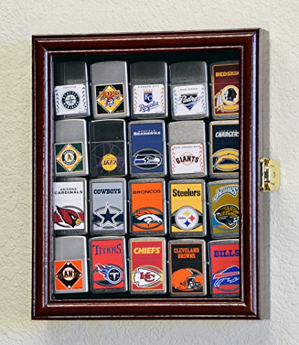 20 Zippo Lighter Display Case Cabinet Holder Wall Rack Box - Lockable, Cherry