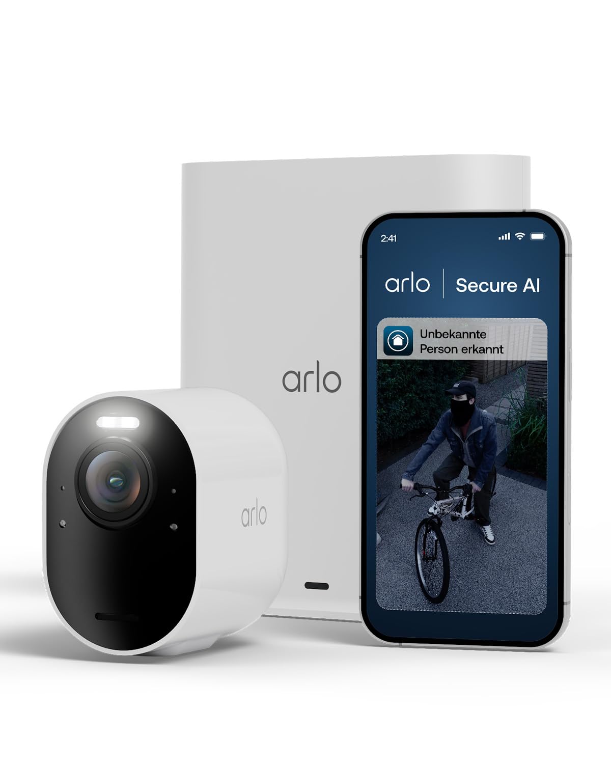 Arlo Ultra 3 Überwachungskamera Aussen WLAN, Kabellos, 4K UHD, KI-Erkennung, Auto-Tracking, Farb-Nachtsicht, Zwei-Wege-Audio, Lokaler Speicher, mit Arlo Secure Testversion, 1 Kamera mit Smarthub