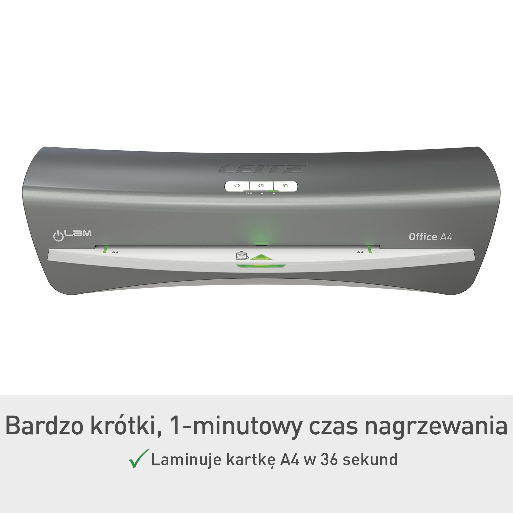 Leitz iLAM Office A4 Laminator, Ekstremalnie szybkie nagrzewanie w 1 minutę, 75-125 Micron, Inteligentny status LED, Automatyczne wyłączanie, Zawiera 5 x A4 worków laminacyjnych, Szary/Biały, 72510084