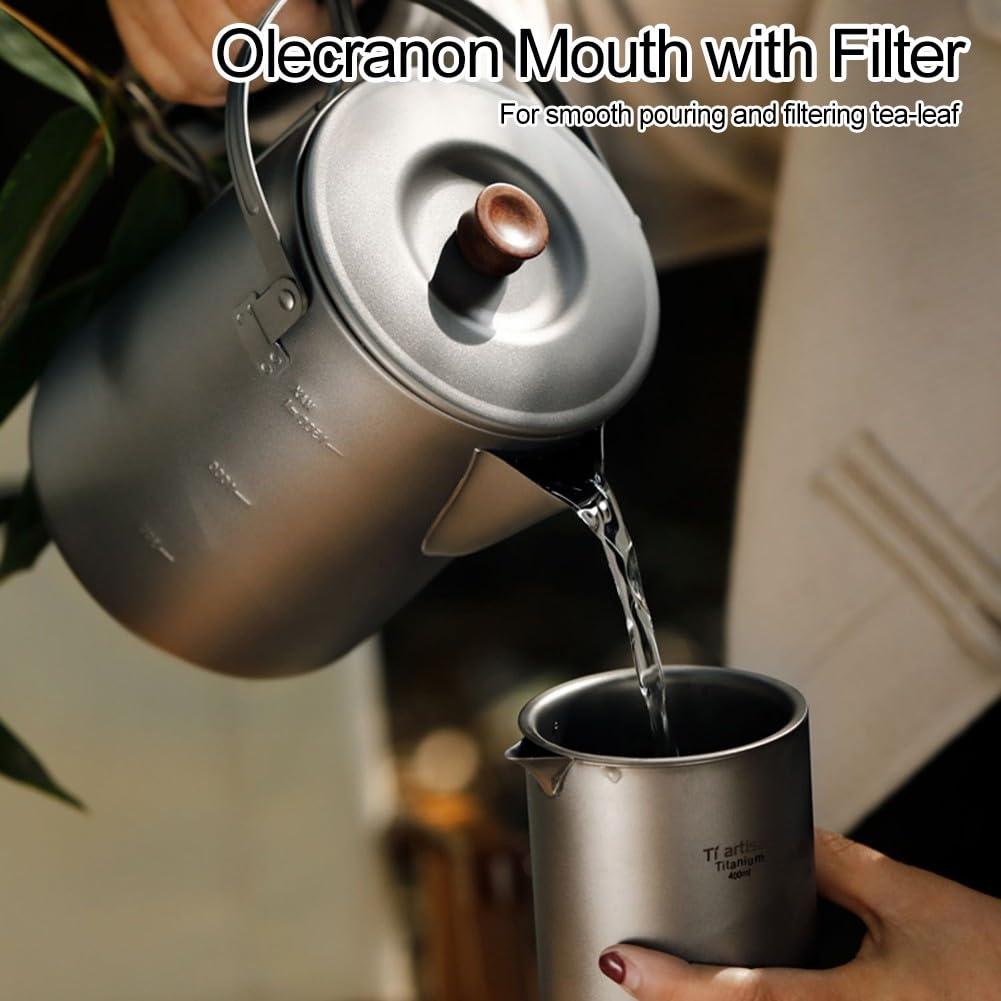 Hervidor de camping de titanio de 1,5 L con mango de madera, cafetera ligera para exteriores con boquilla de filtro para senderismo, mochileros, uso en estufas