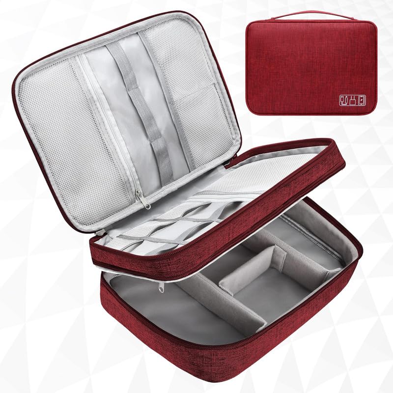 Yellow Weaves 3 Layer Electronics Accessories Organizer Bag, Cable Organizer Bag, Travel Pouch for Charger, USB Cord, Data Cable, SD Cards, Earphone, Power Bank | Red, 25X18X10CM