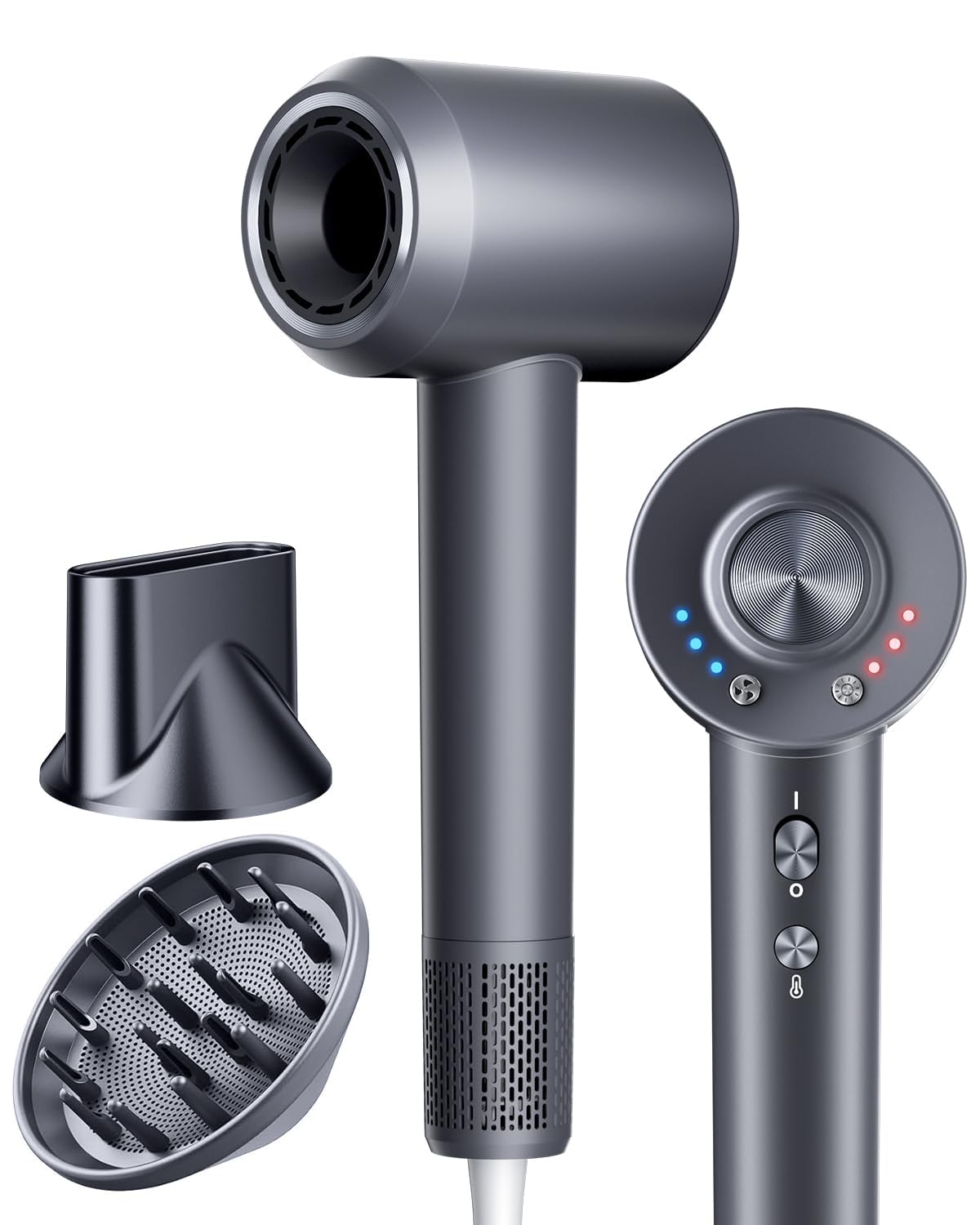 Hair Dryer with Diffuser, Blow Dryer with 160000 RPM Brushless Motor & Negative Ions for Fast Drying, Advanced Heat Control to Prevent Damage, Low-Noise Design, Self-Clean, Gray