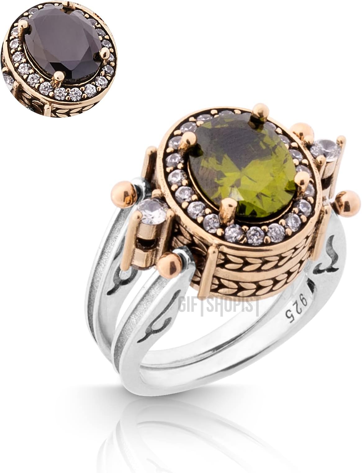 Elegant Reversible 925 Sterling Silver Ring for Women Jewelry - Handcrafted in Turkey, Featuring Oval Cut Peridot Topaz and Black Onyx 925 Sterling Silver Ladie's Ring All Size