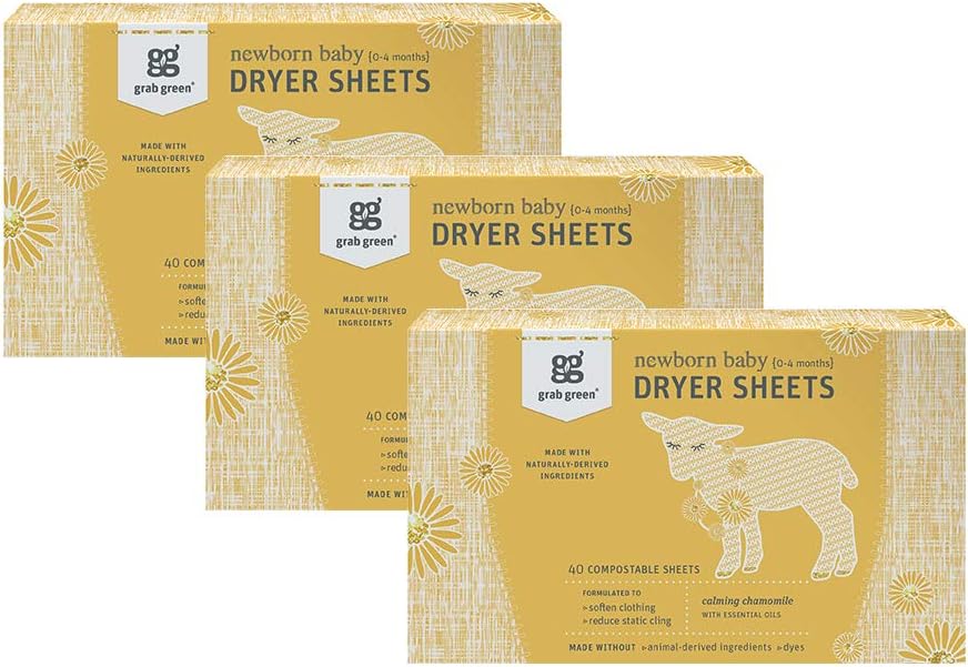 Grab Green Newborn Baby Dryer Sheets - Natural Scent Booster and Fabric Softener to Reduce Wrinkles and Static (Calming Chamomile Scent, 120 Sheets Total)