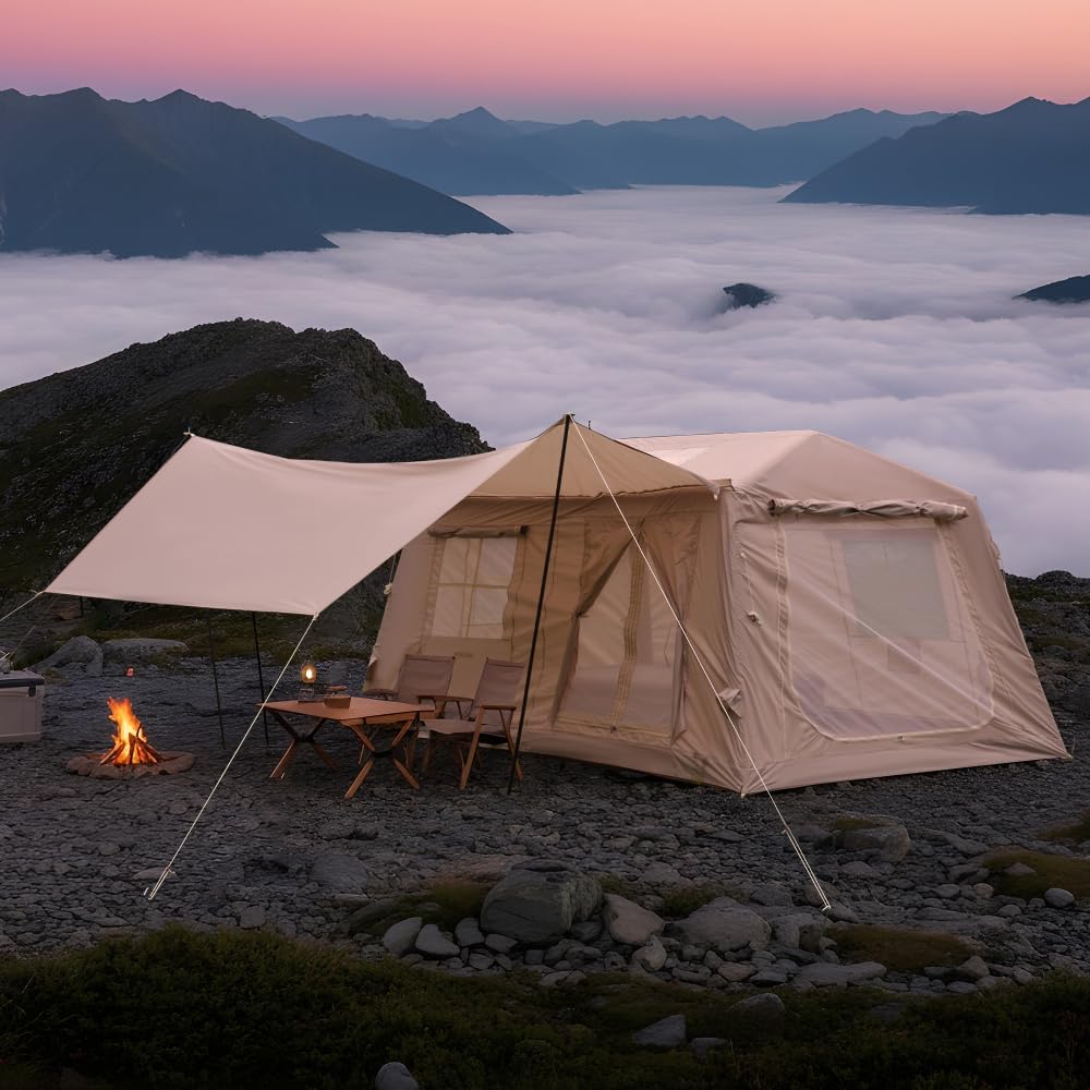 Premium Inflatable Camping Tent with Canopy, Easy-Setup Air Tent for Outdoor Adventures, Waterproof Oxford Fabric Glamping Shelter (Beige + Oxford Fabric-1)