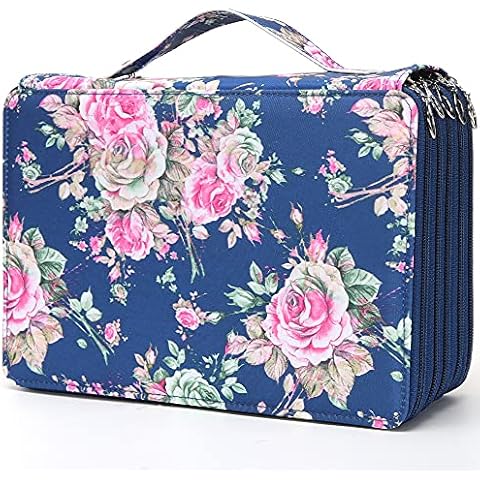 Colored Pencil Case - 252 Slots Pencil Holder with Zipper Closure Twill Fabric Large Capacity Pencil Box Rose Pattern Printing Marker Case Organizer for Student or Artist (Blue Rose) Cover