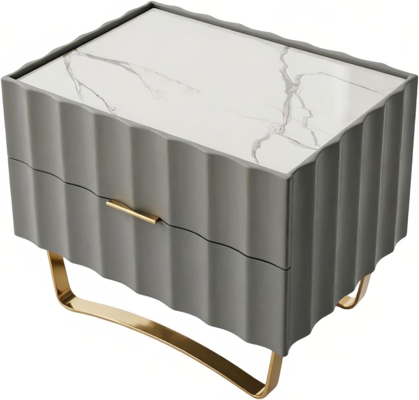 Bed Side Table Nightstand Two Drawers Metal Frame Stone Top Surface Raised Rim for Bedroom Night Stand(White,Small)