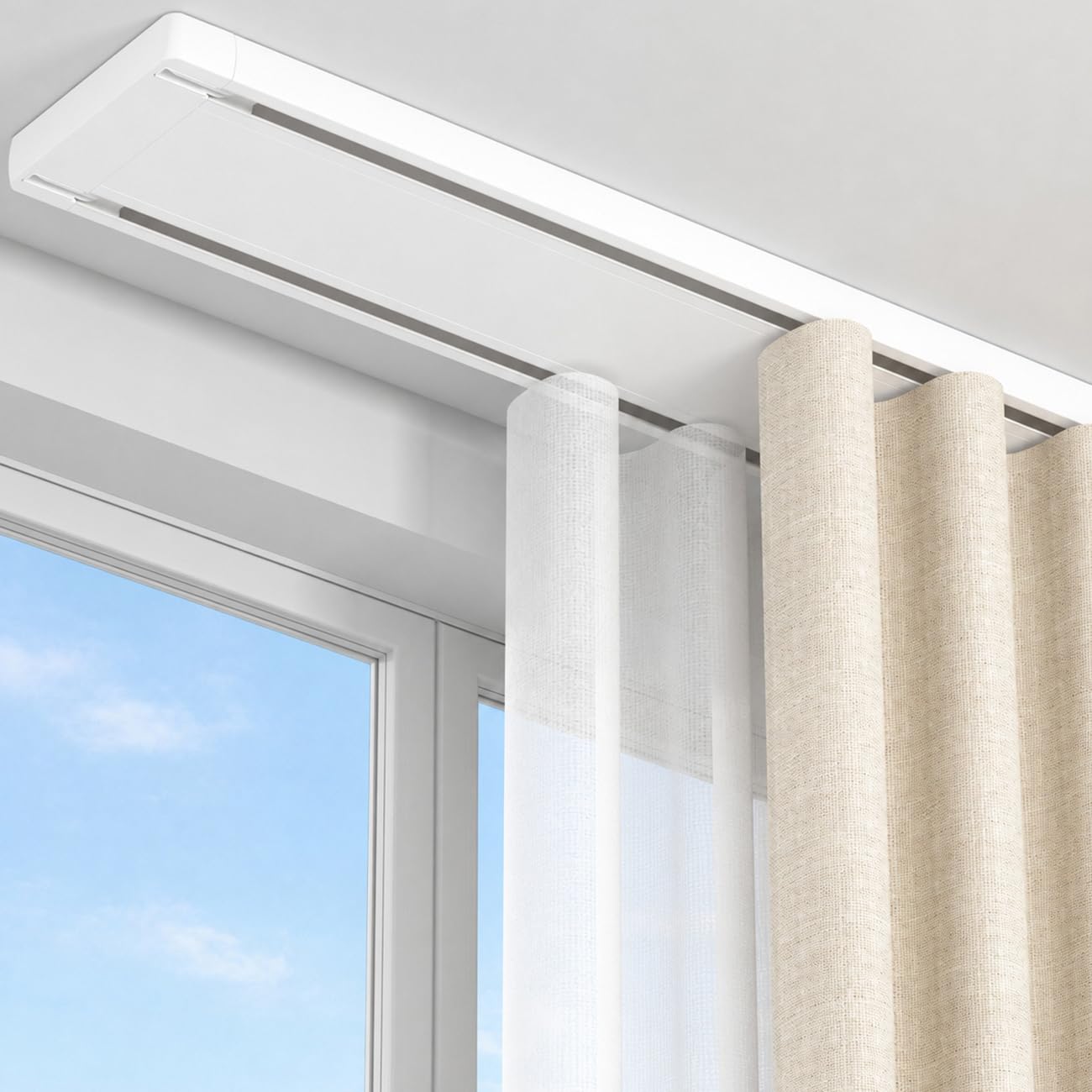 Gardinenschiene 2-Läufig Aluminium Deckenmontage 275 cm Weiß | Mit Handsäge - Kürzbar, Leise Curtain Rail, Ideal für Wohnzimmer, Schlafzimmer, Büro und Balkon, Moderne