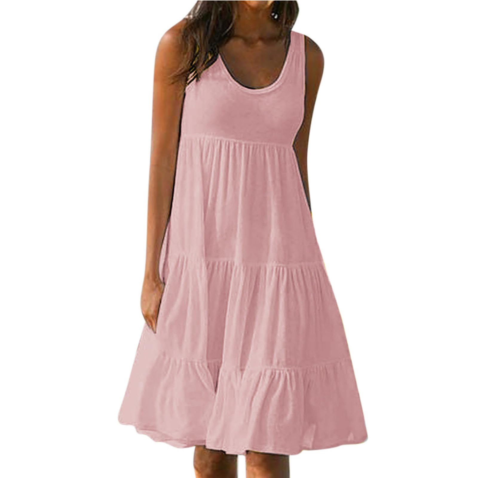 HAOLEI Vestidos de Verano Mujer 2024,Sin Manga Vestido Camisola Mujer Moda Cuello en Redondo Vestido Midi Informal Longitud de Rodilla Vestido Playa Mujer Relajado Vestido Mujer en Multicolor