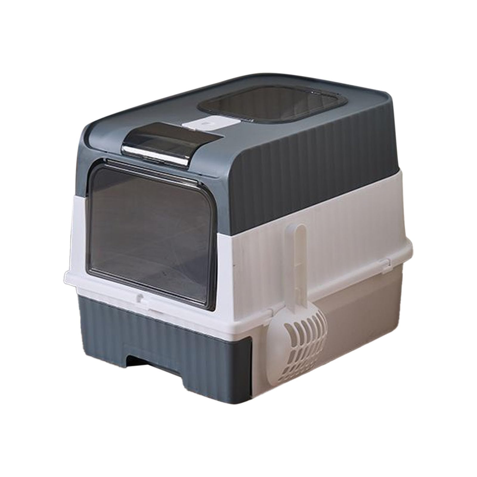 Lettiera autopulente per gatti, pieghevole, con coperchio e paletta, design con ingresso frontale per un facile accesso, portatile e facile da pulire (grigio)
