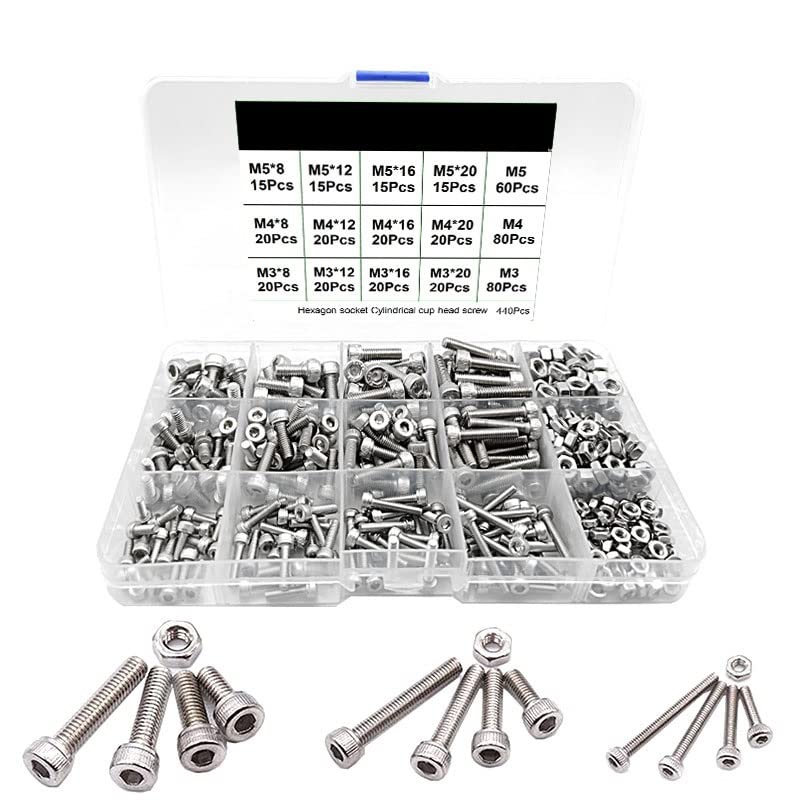 Zixinz-Pernos Hexagonal 440 piezas de tuercas de tornillo de tornillo hexadecimal M3 M4 M5 304 Cabezal de tapa plana redonda de acero inoxidable Kit de surtido de perno de tapa plana con caja, Resiste