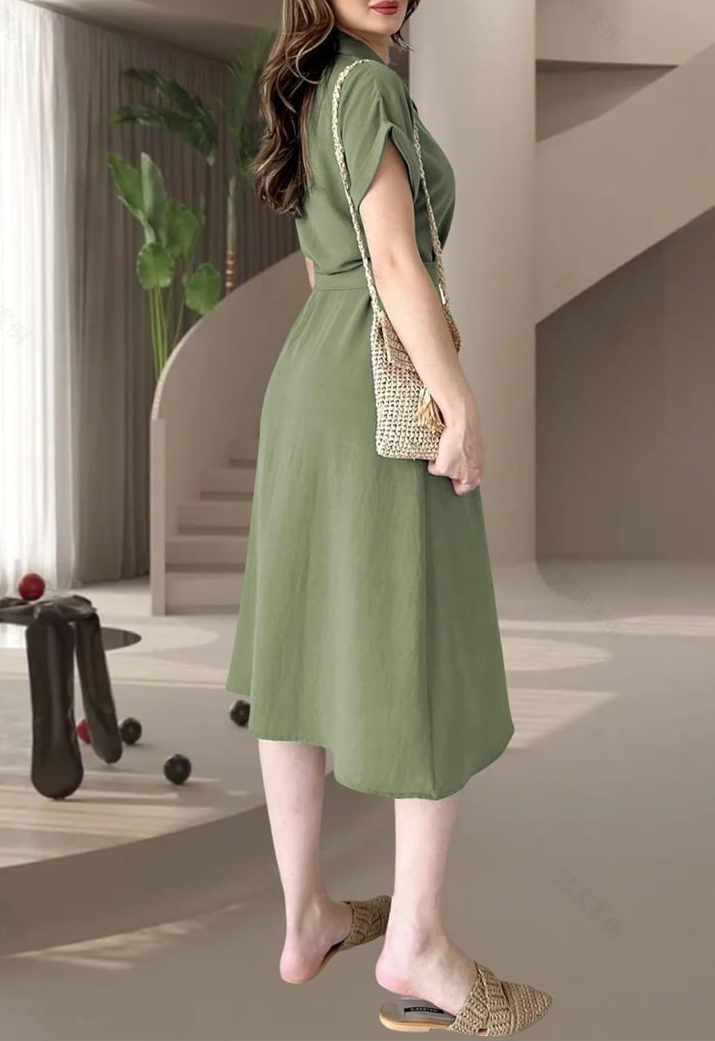 Women's Short Sleeve Button Down Shirt Dress Casual Loose Belted Summer Midi Dress - Image 5