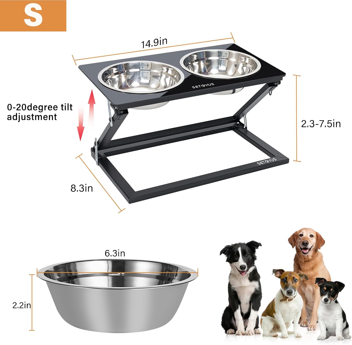 Elevated Dog Bowls, Adjustable Raised Dog Bowl Stand with 2 Stainless Steel Food Bowls 20°Tilted Water Bowls for Small Sized Dogs and Cats (Black, Small)