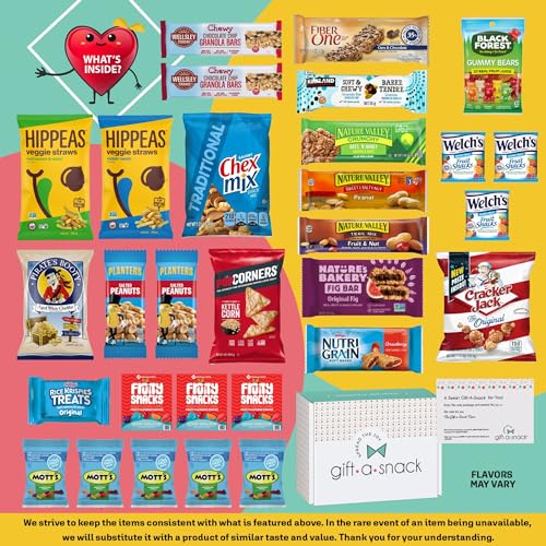 Image of Gift A Snack - Healthy Snack Box Care Package + Greeting Card (30 Count) Graduation Birthday Treats Gift Basket, Nutritious Granola Breakfast Bars Office Food Assortments & Variety Gifts