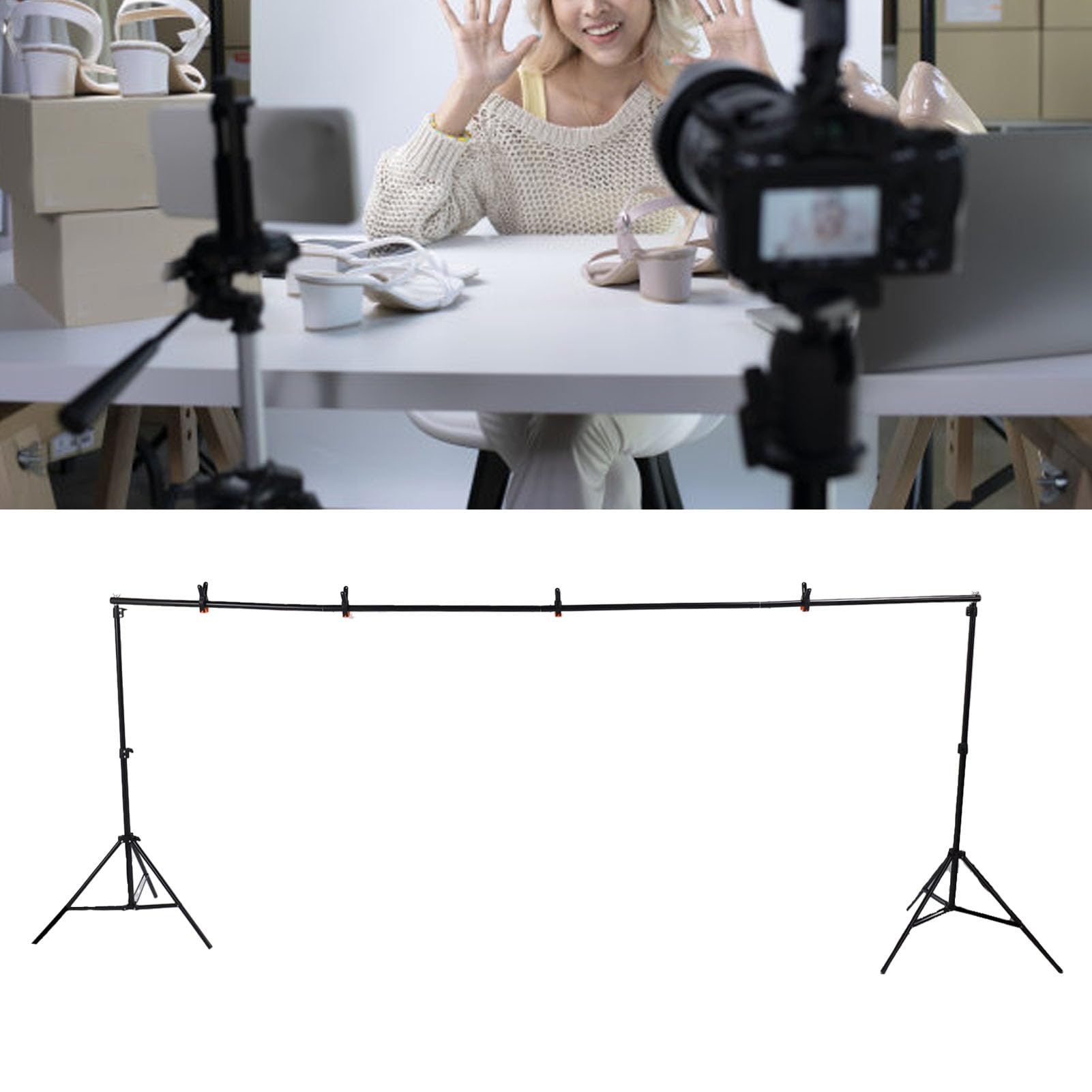 Kit supporto per fondale fotografico retrattile 2x3 m - Materiale in ferro robusto, lunghezza 3 metri, predisposizione per streaming live e fotografia