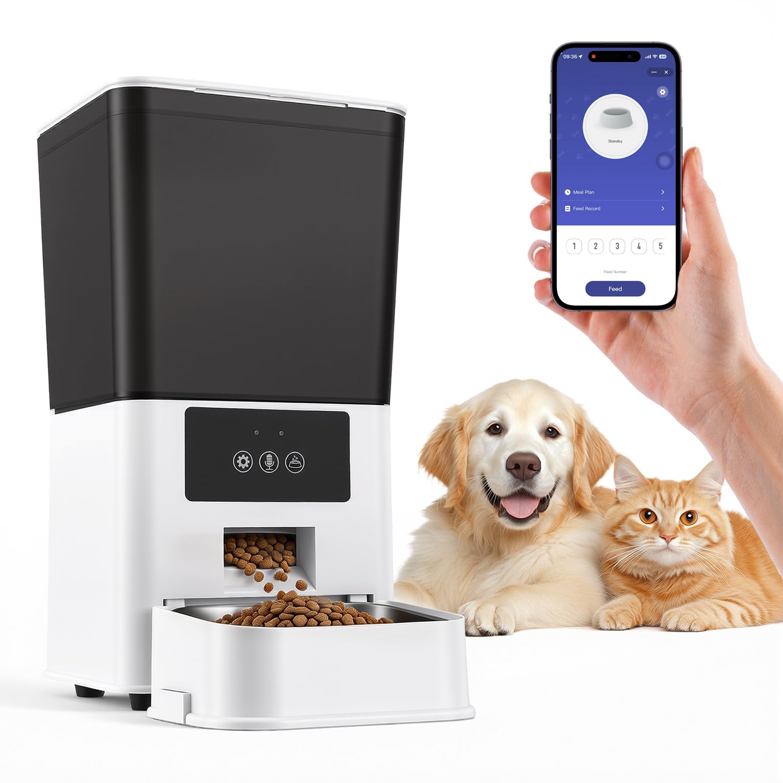 Comedero Gato Automatico 5L con App WiFi, 15g Porciones para Gatos y Perros | Dispensador comida gatos WiFi 2,4GHz, 1-10 comidas/día, antiatascos, voz personalizada y cuenco acero inoxidable