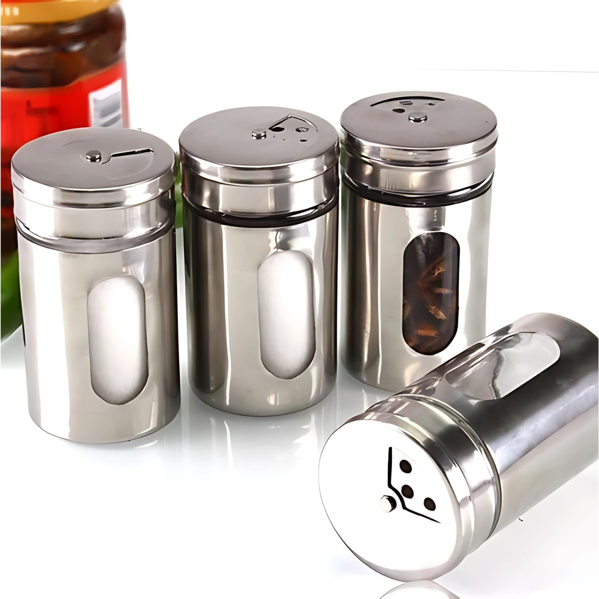 Kit 6 Porta de Temperos Saleiro Pimenteiro Inox e Vidro Conjunto Premium Aço Inoxidável com Visor Tampa Giratória 3 níveis para Condimentos de Cozinha