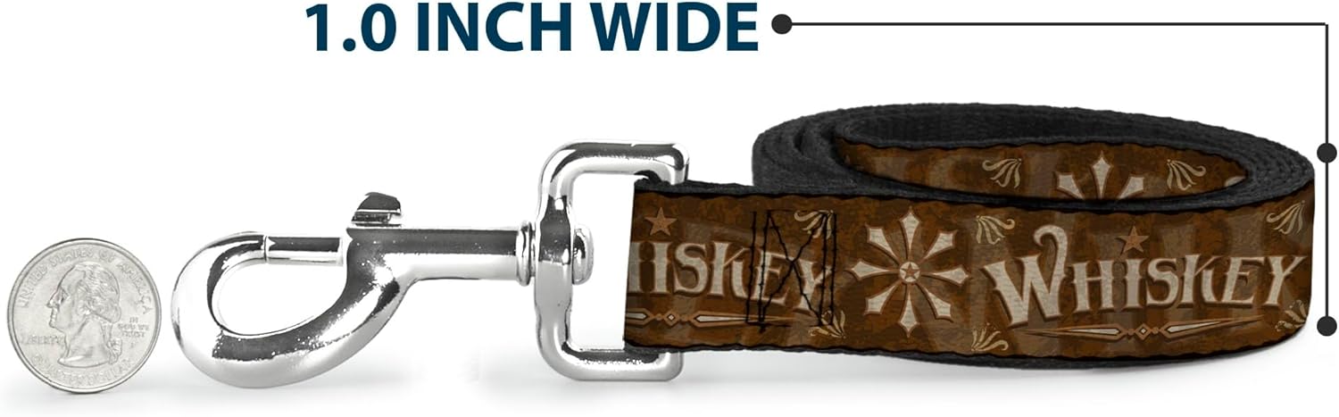 Buckle-Down Pet Leash, Dog Leash, Western Whiskey Star with Text Shadow Repeat Browns Tan, 4 Feet Long 1.5 Inch Wide