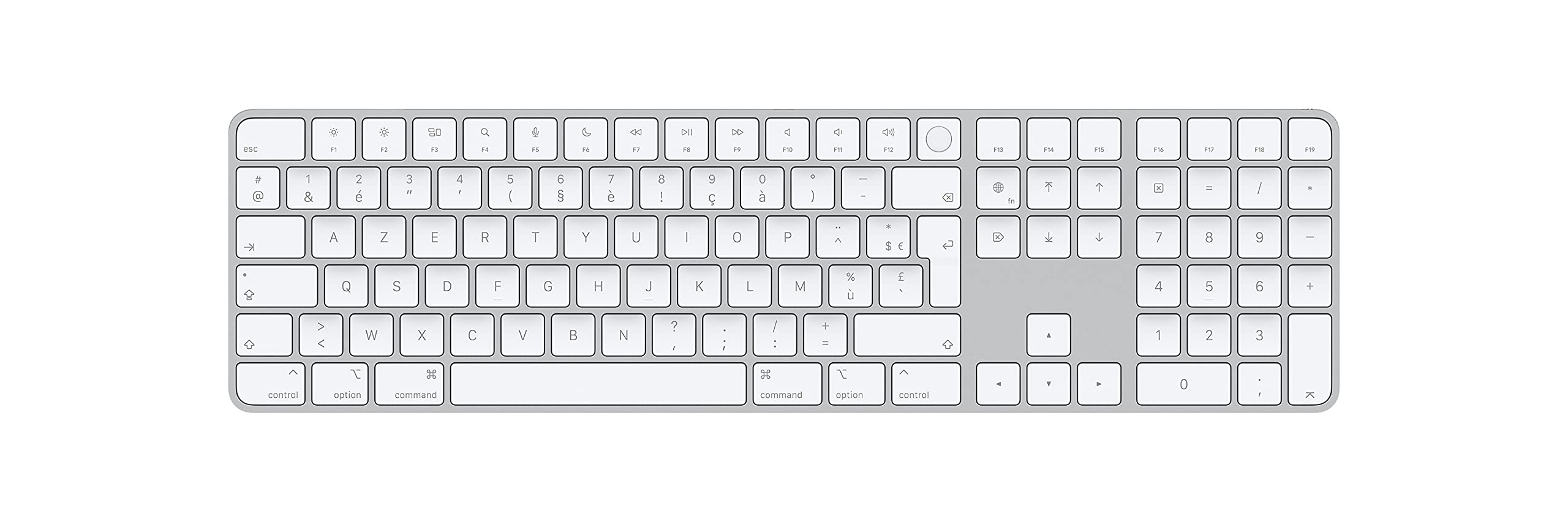 Apple Magic Keyboard with Touch ID and Numeric Keypad: Bluetooth, rechargeable. Works with Mac computers with Apple silicon; French, White keys