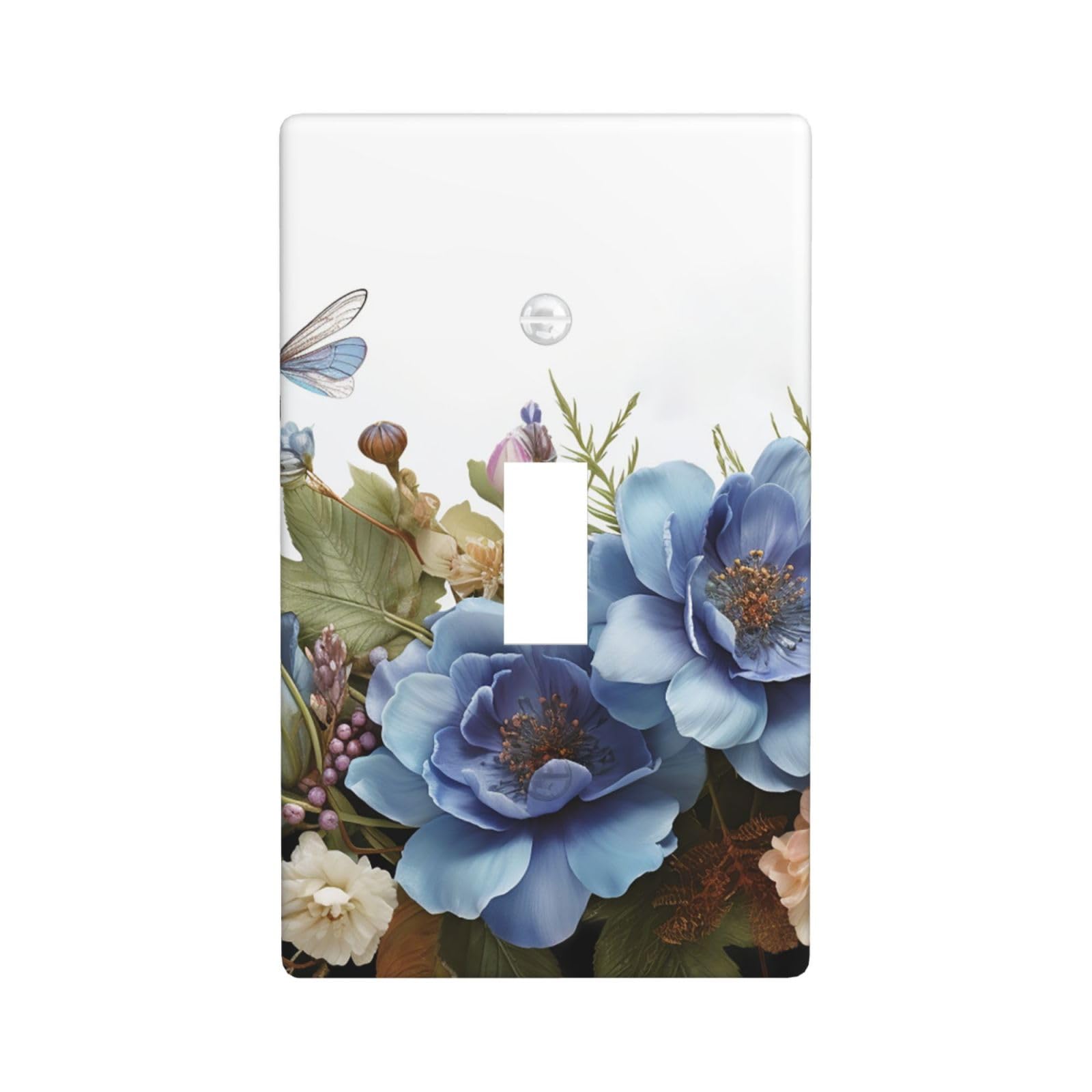 Decorator Wall Plate Cover Single Toggle Light Switch Cover Blue flowers and dragonfly Wallplates Blank Electrical Rocker Switch Plate Covers for Electrical Outlets Decorative 1 Gang 4.5" x 2.76"