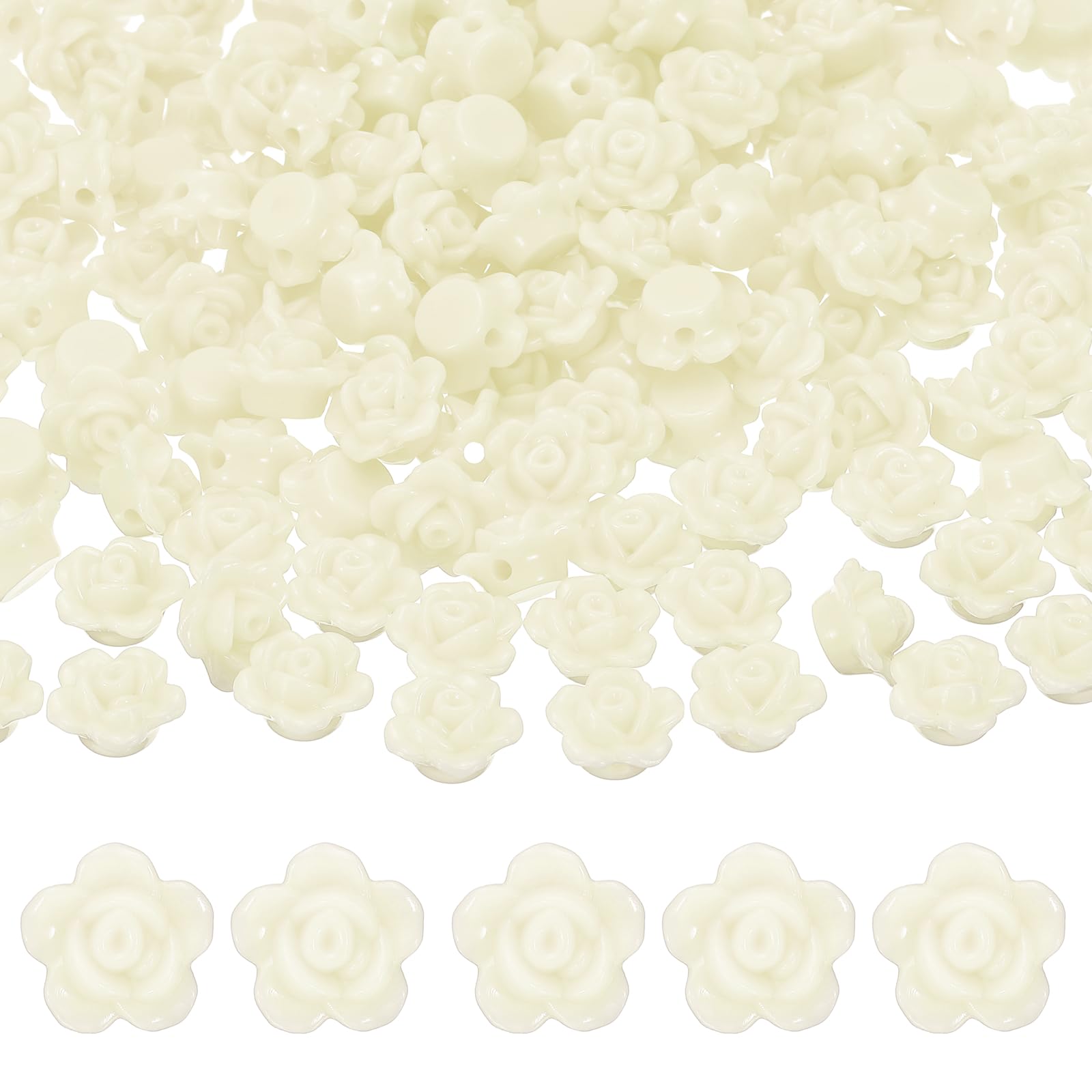 PATIKIL Acrylic Rose Flower Beads, 200 Pcs Flat Back Rose Flower Loose Spacer Beads Charm Colorful Floral Beading with 2mm Hole for DIY Craft Making Necklace Bracelet, Beige White