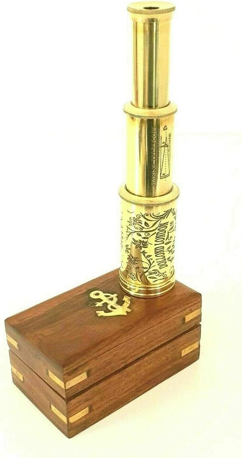Brass Telescope Antique Vintage 6" Hand Extending Old Naval Engraved Victorian Spyglass with Wooden Box