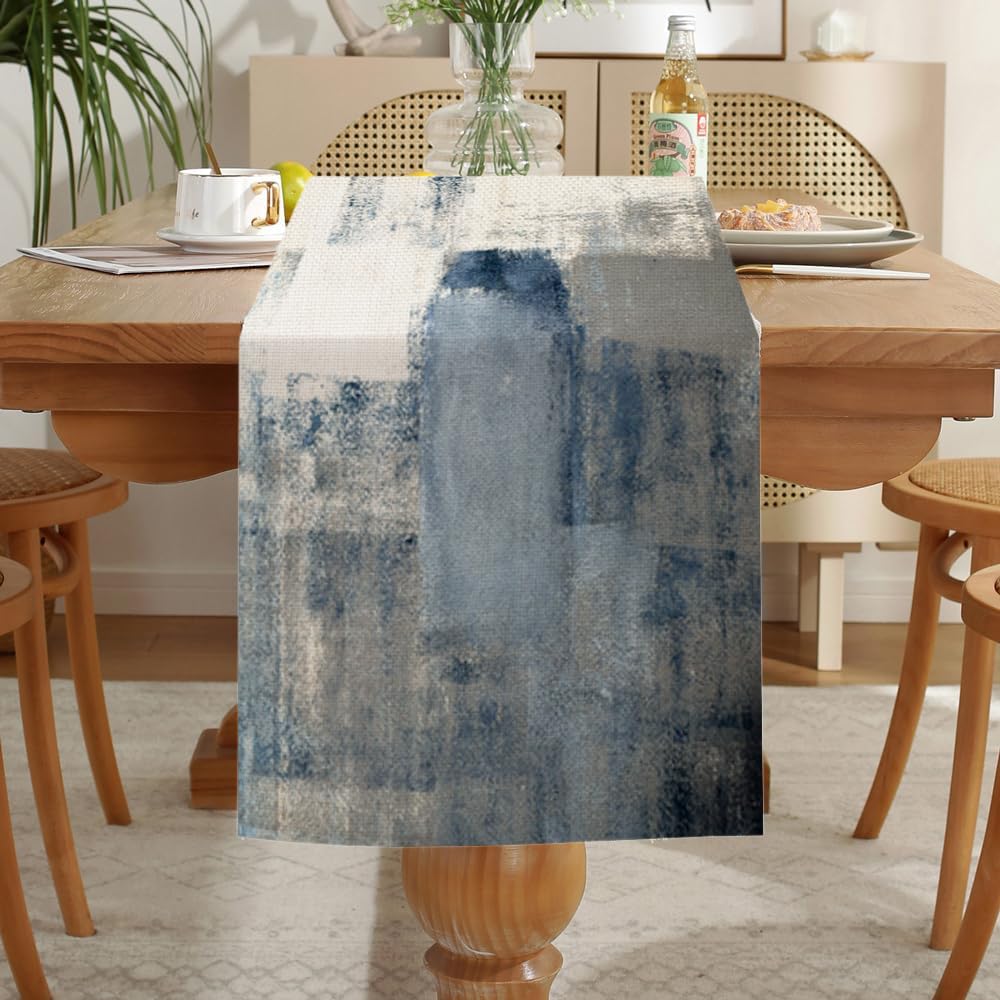 LOZULO Camino de mesa moderno azul, camino de mesa bohemio, lino, lavable, estilo rústico, decoración de mesa, exterior, resistente a la intemperie, 40 x 140 cm, para mesa de café