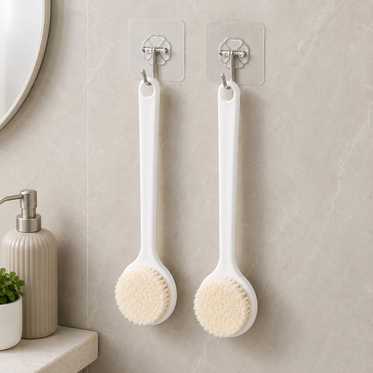 Long Handle Bath Brush for Shower, Soft Bristle Body Scrubber & Back Cleaning Brush with 2 Self-Adhesive Wall Hooks for Men & Women, Deep Cleansing & Exfoliating (Pack of 2)-picture-38