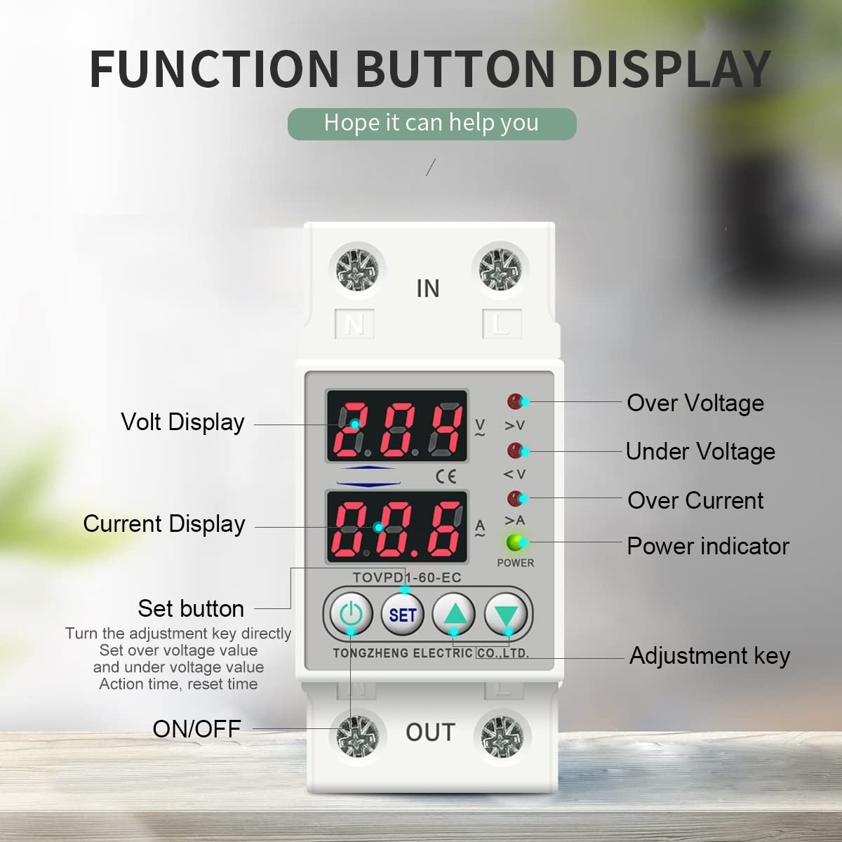 Disyuntor 60A Carril DIN 230V Ajustable sobre y Bajo Voltaje Dispositivo Protector Relé Monitor Límite de Corriente TOMZN TOVPD1-63-EC (Size : 40A)